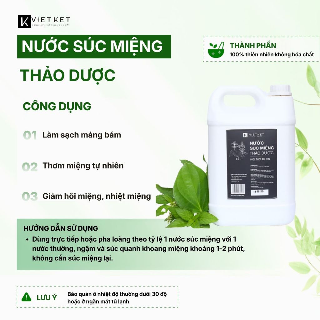 Nước Súc Miệng Thảo Dược VIETKET 5 Lít - Chăm Sóc Bảo Vệ Răng Miệng, Giảm Hôi Miệng, Giảm Nhiệt Miệng, Giúp thơm miệng