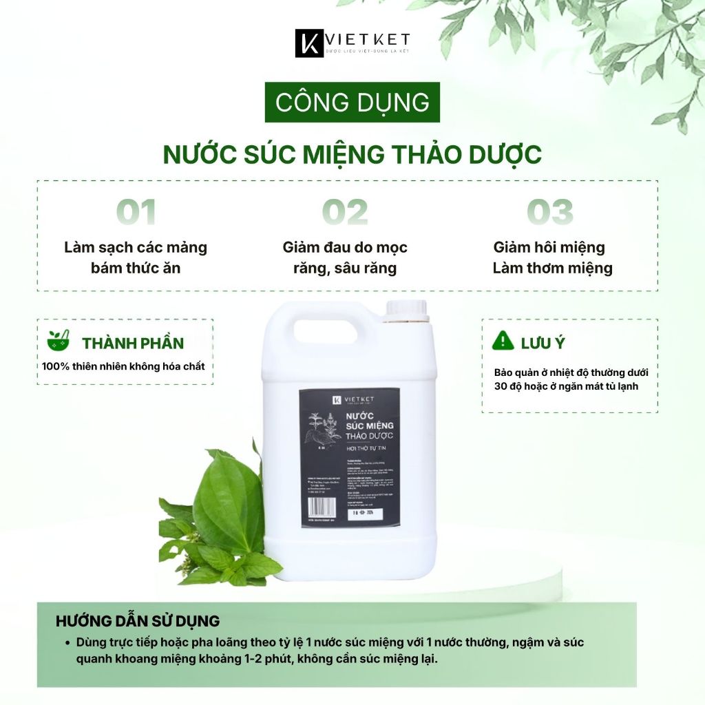 Nước Súc Miệng Thảo Dược VIETKET 5 Lít - Chăm Sóc Bảo Vệ Răng Miệng, Giảm Hôi Miệng, Giảm Nhiệt Miệng, Giúp thơm miệng