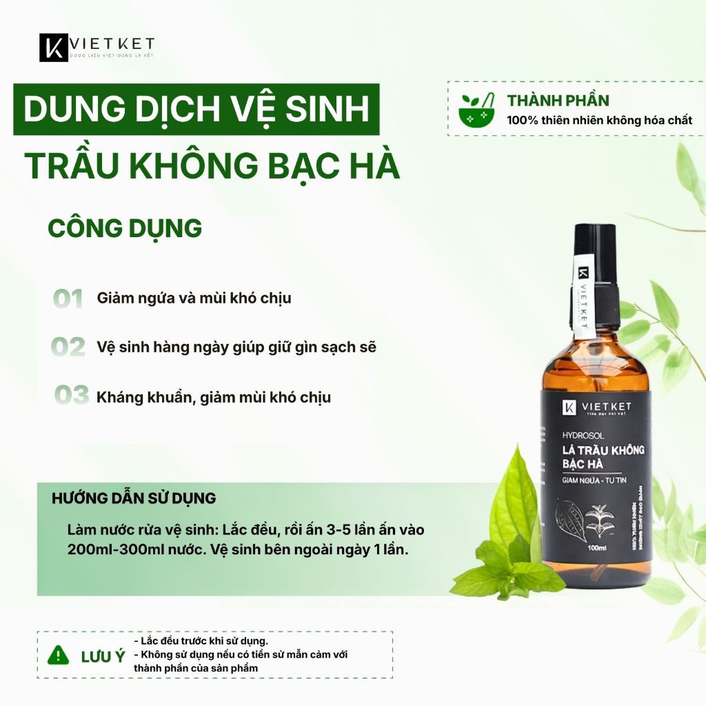 Dung Dịch Vệ Sinh Phụ Nữ Trầu Không Bạc Hà - KHÔNG BỌT VIETKET 100ml - Vệ Sinh Sạch, Giảm Nấm Ngứa, Đậm Đặc, Nguyên Chất