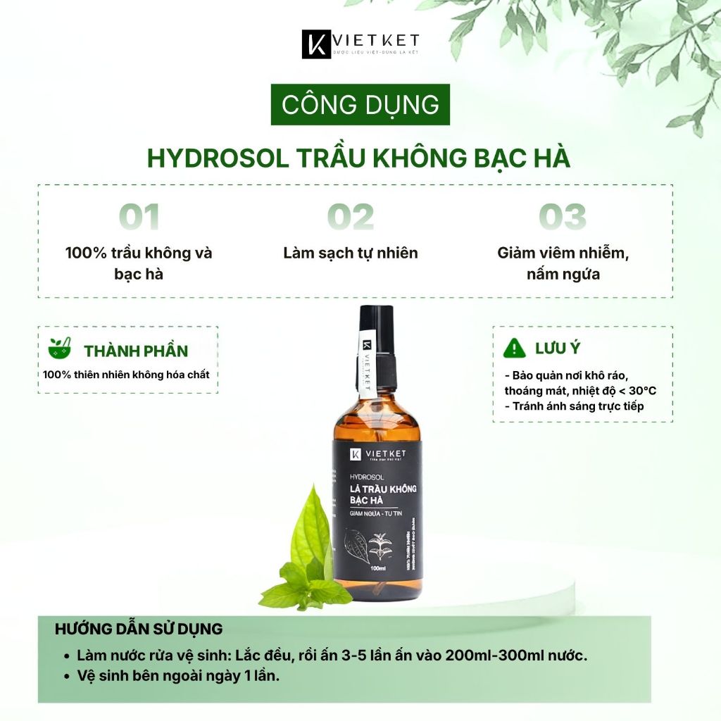 Dung Dịch Vệ Sinh Phụ Nữ Trầu Không Bạc Hà - KHÔNG BỌT VIETKET 100ml - Vệ Sinh Sạch, Giảm Nấm Ngứa, Đậm Đặc, Nguyên Chất