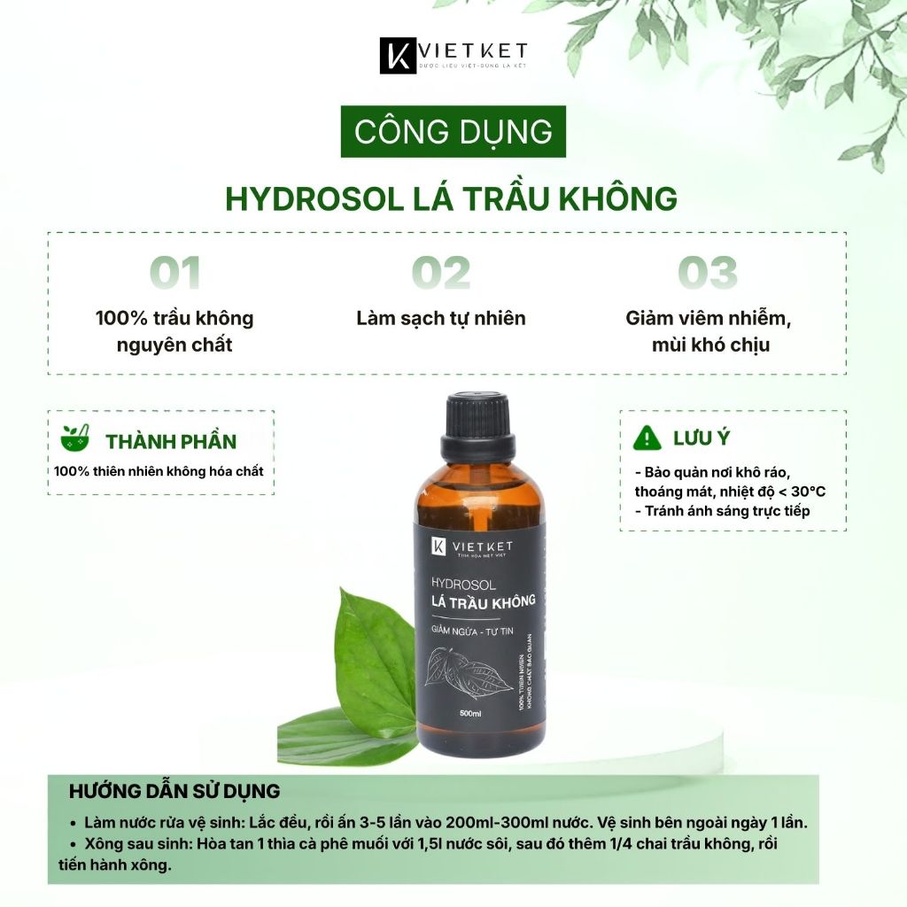 Dung Dịch Vệ Sinh Phụ Nữ Lá Trầu Không - KHÔNG BỌT VIETKET 100ml - Giảm Nấm Ngứa, Xông Sau Sinh, Nguyên Chất