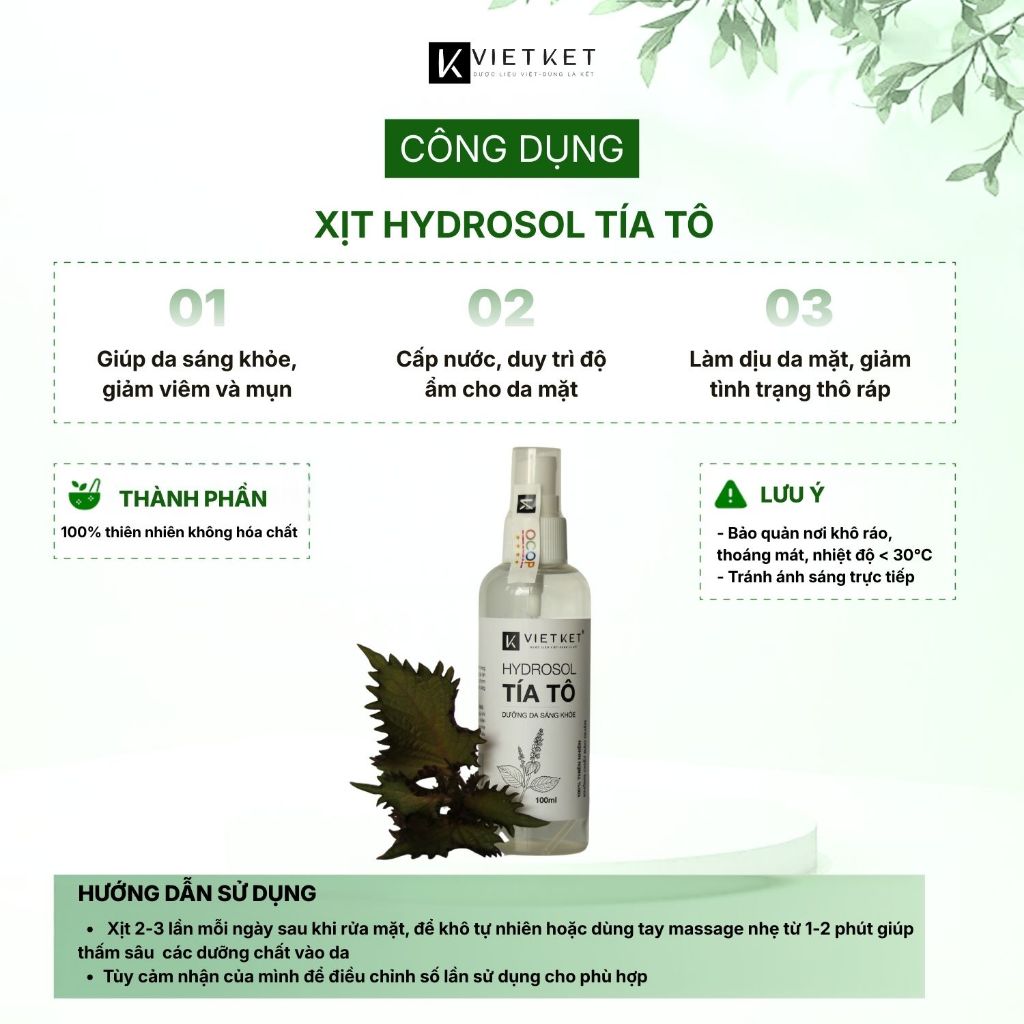 Xịt dưỡng da Thảo Dược Tía Tô VIETKET 100ml - Cấp nước, duy trì độ ẩm, Giảm mụn, giảm viêm, Sáng da, Nguyên Chất