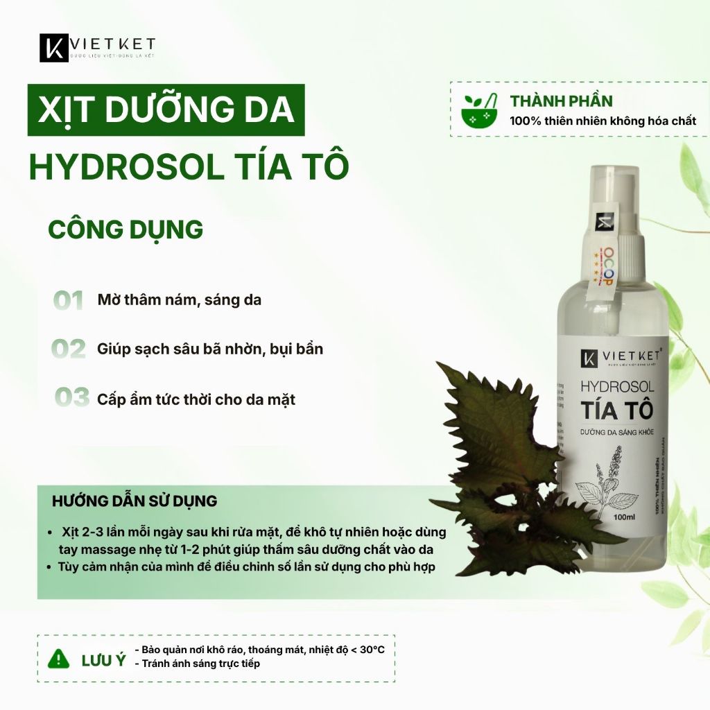 Xịt dưỡng da Thảo Dược Tía Tô VIETKET 100ml - Cấp nước, duy trì độ ẩm, Giảm mụn, giảm viêm, Sáng da, Nguyên Chất