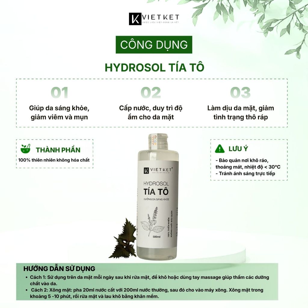 Xịt dưỡng da Thảo Dược Tía Tô VIETKET 500ml - Cấp nước, duy trì độ ẩm, Giảm mụn, giảm viêm, Sáng da, Nguyên chất