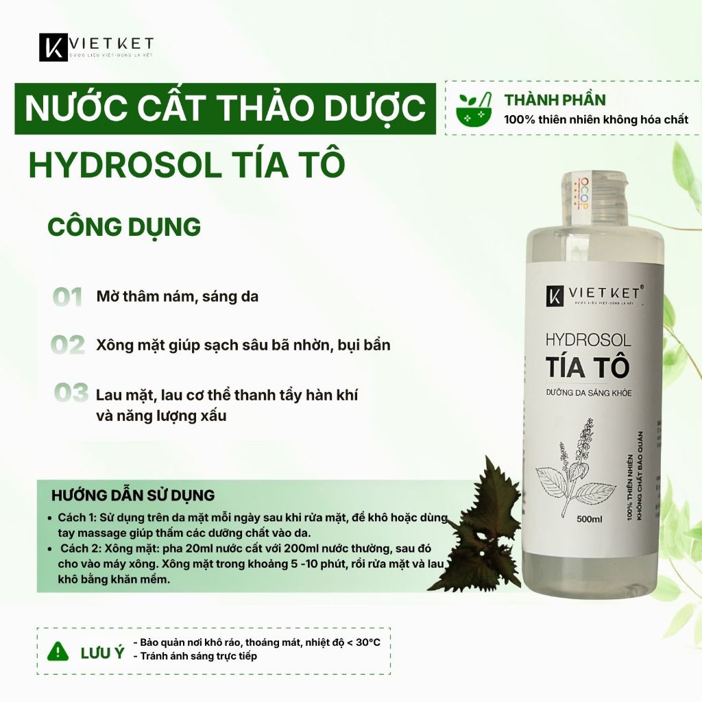 Xịt dưỡng da Thảo Dược Tía Tô VIETKET 500ml - Cấp nước, duy trì độ ẩm, Giảm mụn, giảm viêm, Sáng da, Nguyên chất