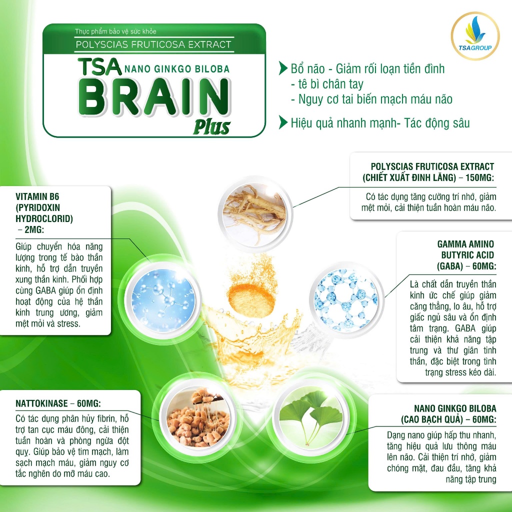 Viên sủi bổ não TSA BRAIN PLUS- hỗ trợ hoạt huyết, tăng cường tuần hoàn máu não (hộp 10 viên)