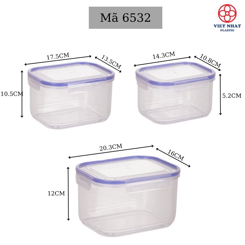 Bộ 3 Hộp Đựng Thực Phẩm Nhựa PP Nguyên Sinh An Toàn Bảo Vệ Sức Khỏe Chính Hãng VIỆT NHẬT (Mã 6532)