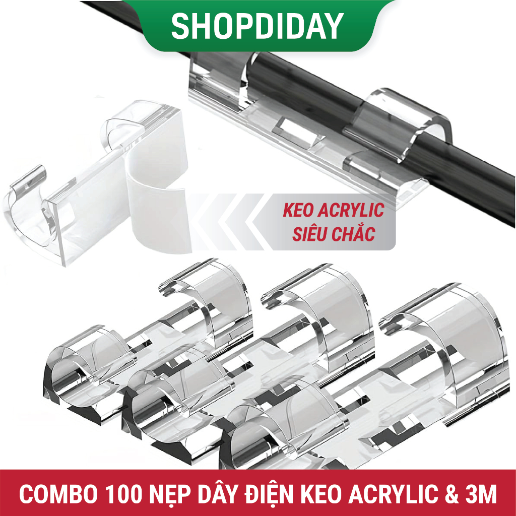 Combo 100 Nẹp Dây Điện Dán Tường Thông Minh Kẹp Cài Dây Mạng Dán Dây Điện Cố Định Keo Acrylic D09