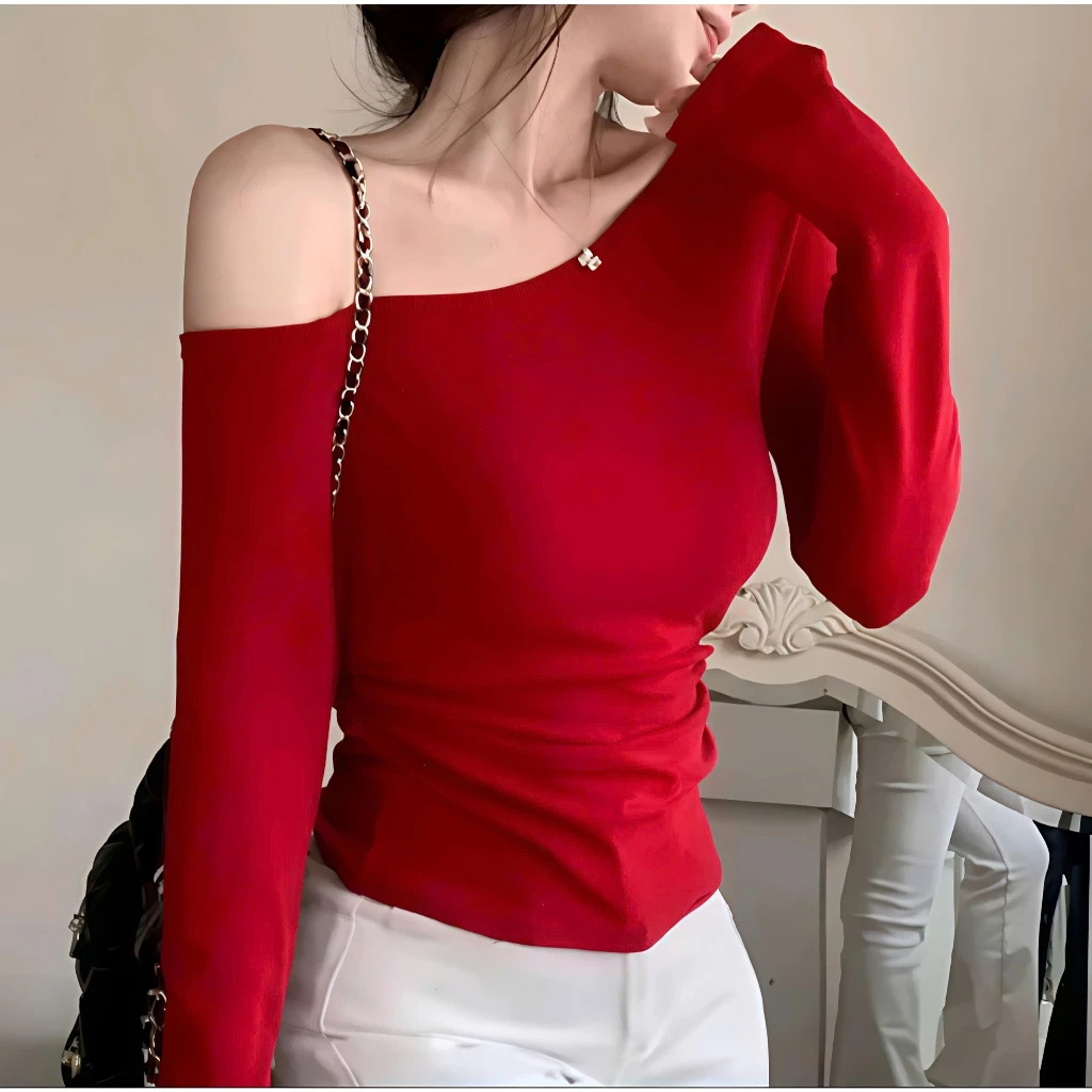 Áo lệch vai tay dài Áo trễ vai ÁO KIỂU LỆCH VAI TAY DÀI - Áo kiểu nữ trễ vai chất thun co giãn ôm body