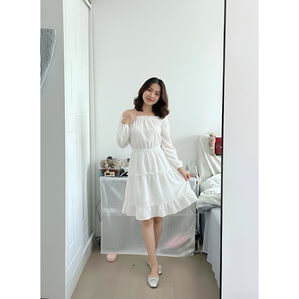 T1469G Váy trắng trễ vai 2 lớp tay bồng trắng dáng xòe bánh bèo công chúa Đầm tiểu thư lolita 2 tầng dự tiệc dễ thương