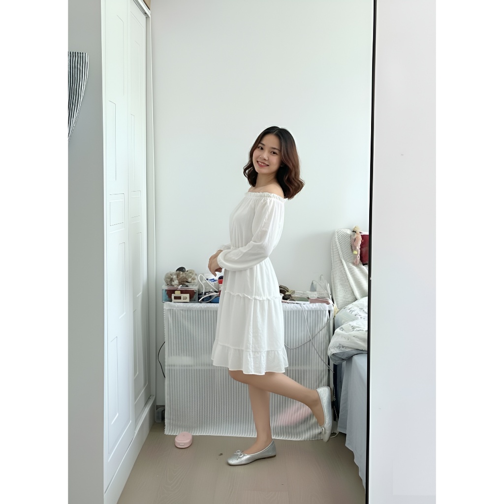 T1469G Váy trắng trễ vai 2 lớp tay bồng trắng dáng xòe bánh bèo công chúa Đầm tiểu thư lolita 2 tầng dự tiệc dễ thương