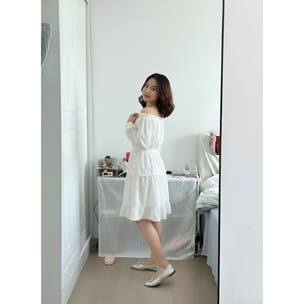 T1469G Váy trắng trễ vai 2 lớp tay bồng trắng dáng xòe bánh bèo công chúa Đầm tiểu thư lolita 2 tầng dự tiệc dễ thương