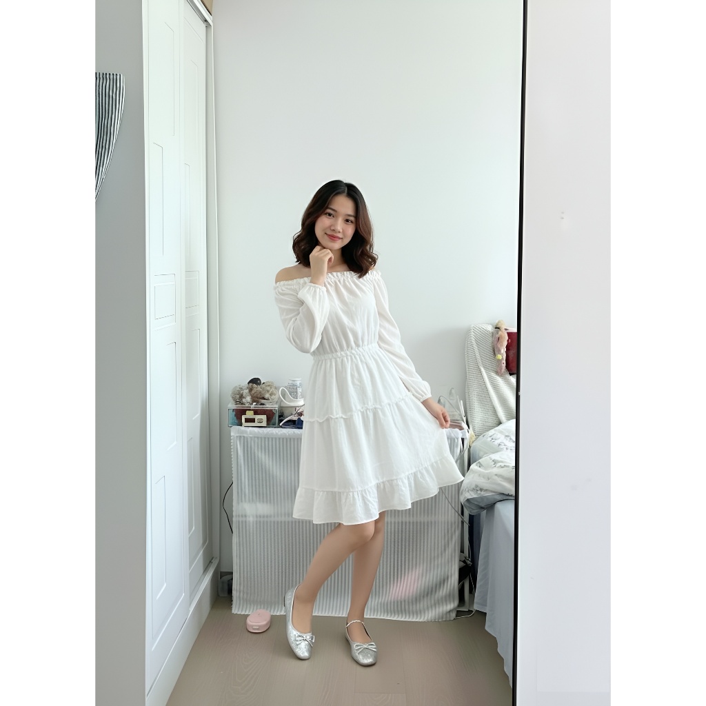 T1469G Váy trắng trễ vai 2 lớp tay bồng trắng dáng xòe bánh bèo công chúa Đầm tiểu thư lolita 2 tầng dự tiệc dễ thương