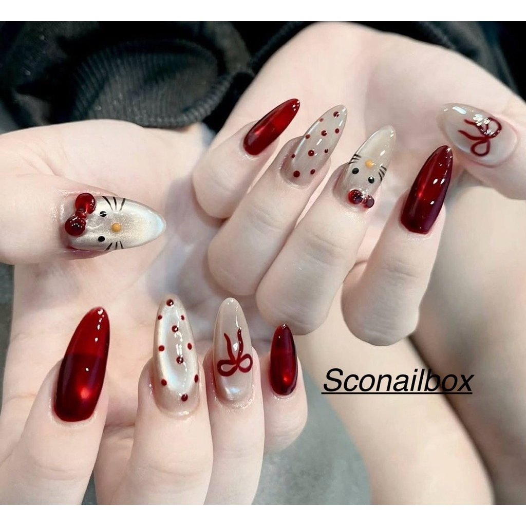 ( HT) NAIL BOX THIẾT KẾ MẮT MÈO HELLO KITTY MÓNG GIẢ SƠN GEL MẮT MÈO TÔN DA SCONAILBOX