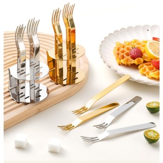 Set 5 Nĩa Ăn Trái Cây Inox 304 Cao Cấp, Thiết Kế 3 Răng Độc Đáo, Mạ Vàng Sang Trọng