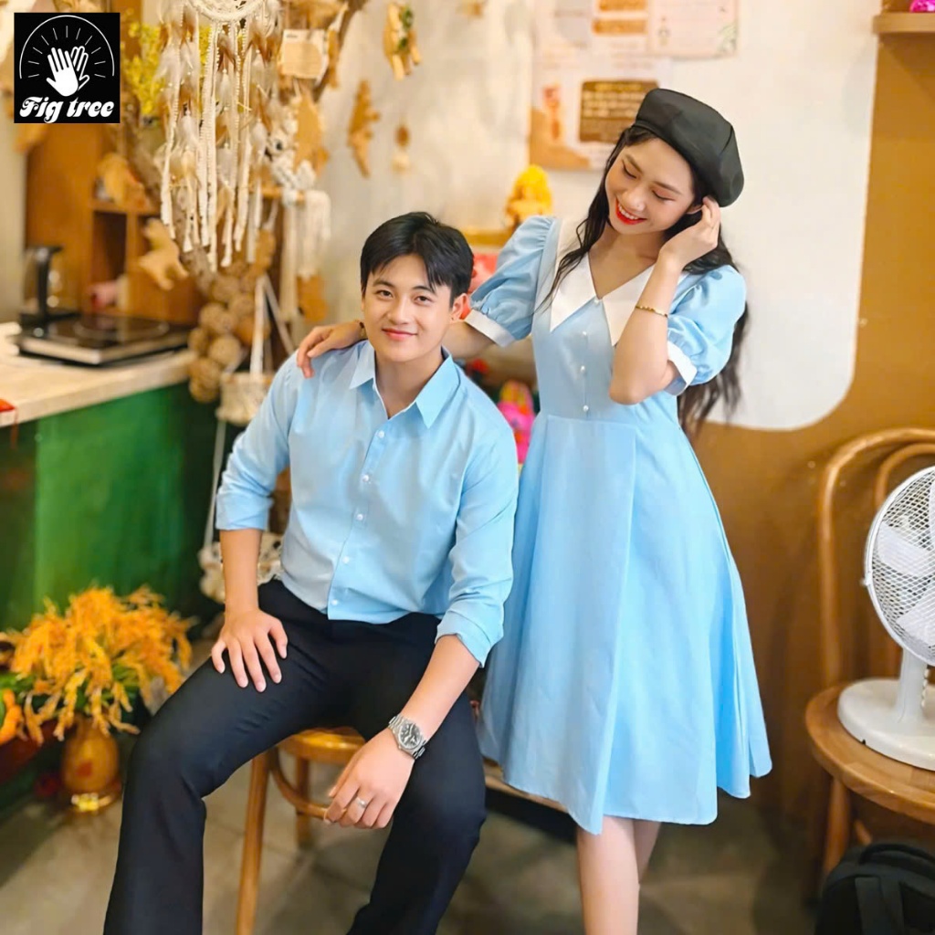 Set Sơ Mi Váy Đôi Fig Tree Màu Xanh Nhạt Phối Cực Xinh Couple Đi Tiệc, Xuống Phố, Hàng thiết kế
