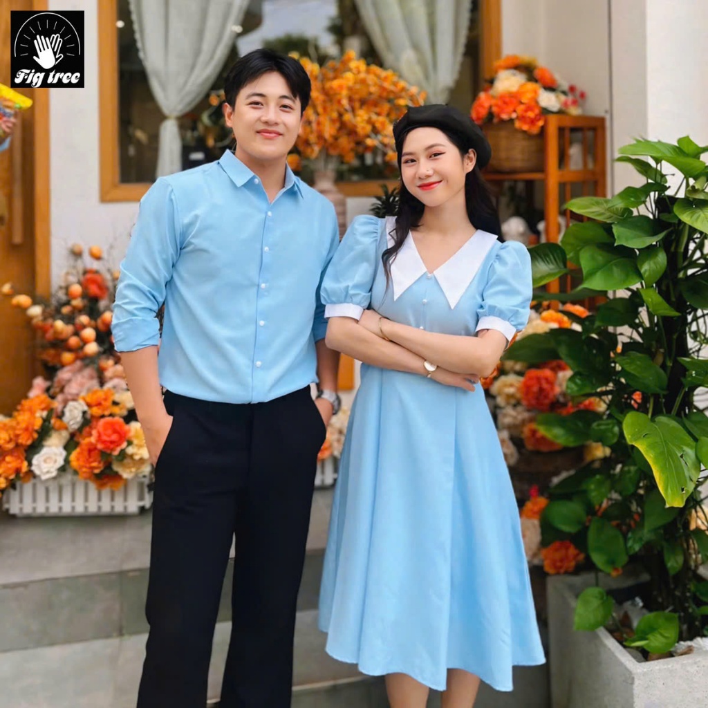 Set Sơ Mi Váy Đôi Fig Tree Màu Xanh Nhạt Phối Cực Xinh Couple Đi Tiệc, Xuống Phố, Hàng thiết kế