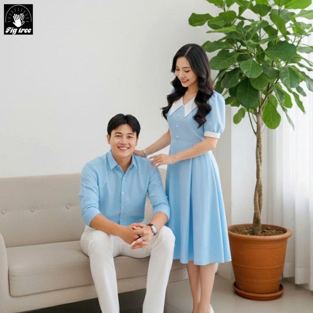 Set Sơ Mi Váy Đôi Fig Tree Màu Xanh Nhạt Phối Cực Xinh Couple Đi Tiệc, Xuống Phố, Hàng thiết kế