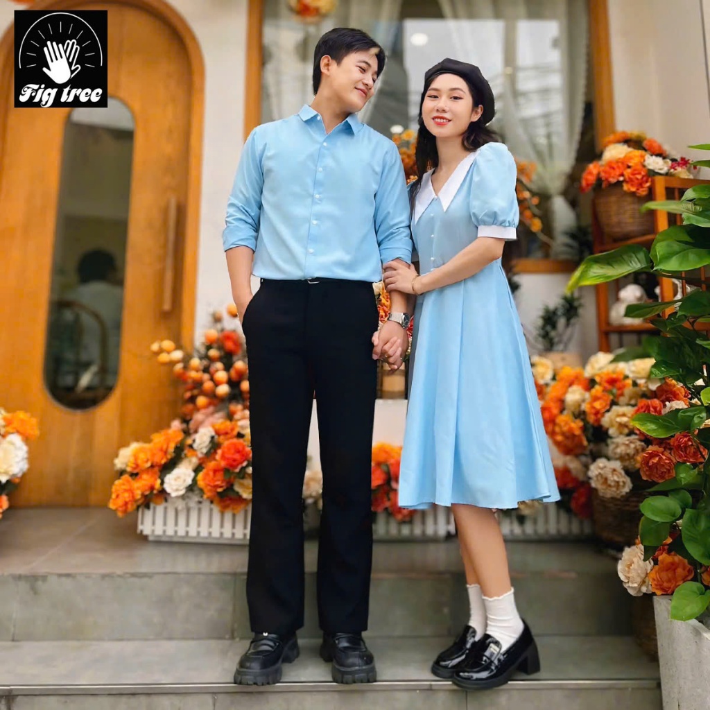 Set Sơ Mi Váy Đôi Fig Tree Màu Xanh Nhạt Phối Cực Xinh Couple Đi Tiệc, Xuống Phố, Hàng thiết kế