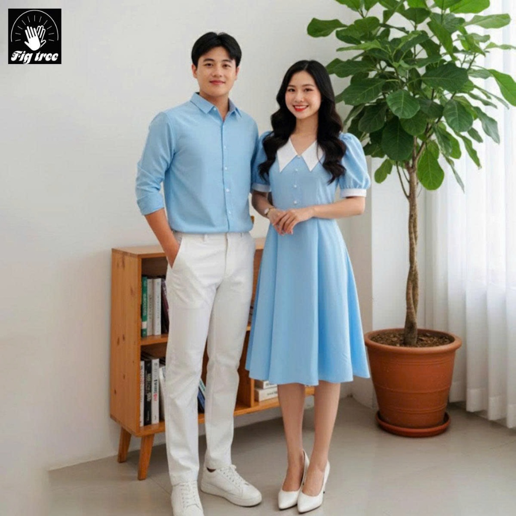 Set Sơ Mi Váy Đôi Fig Tree Màu Xanh Nhạt Phối Cực Xinh Couple Đi Tiệc, Xuống Phố, Hàng thiết kế