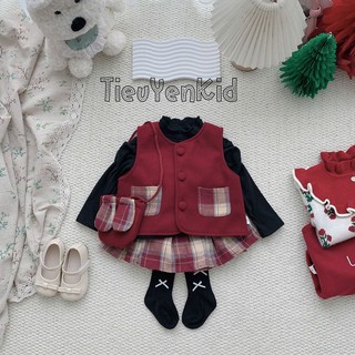 Quấn áo trẻ em, Set gile dạ đỏ bé gái chân váy caro xếp ly 9-26kg S2109 Tiểu Yến KID