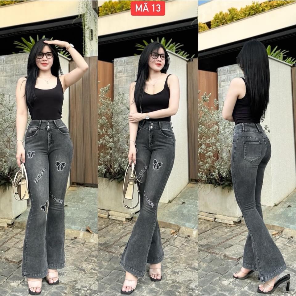 Quần Jeans Nữ Ống Loe Dài Lưng Cao Thêu Nơ Đính Đá CO Giãn 4 Chiều Thời Trang