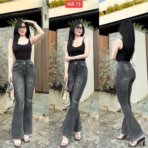 Quần Jeans Nữ Ống Loe Dài Lưng Cao Thêu Nơ Đính Đá CO Giãn 4 Chiều Thời Trang