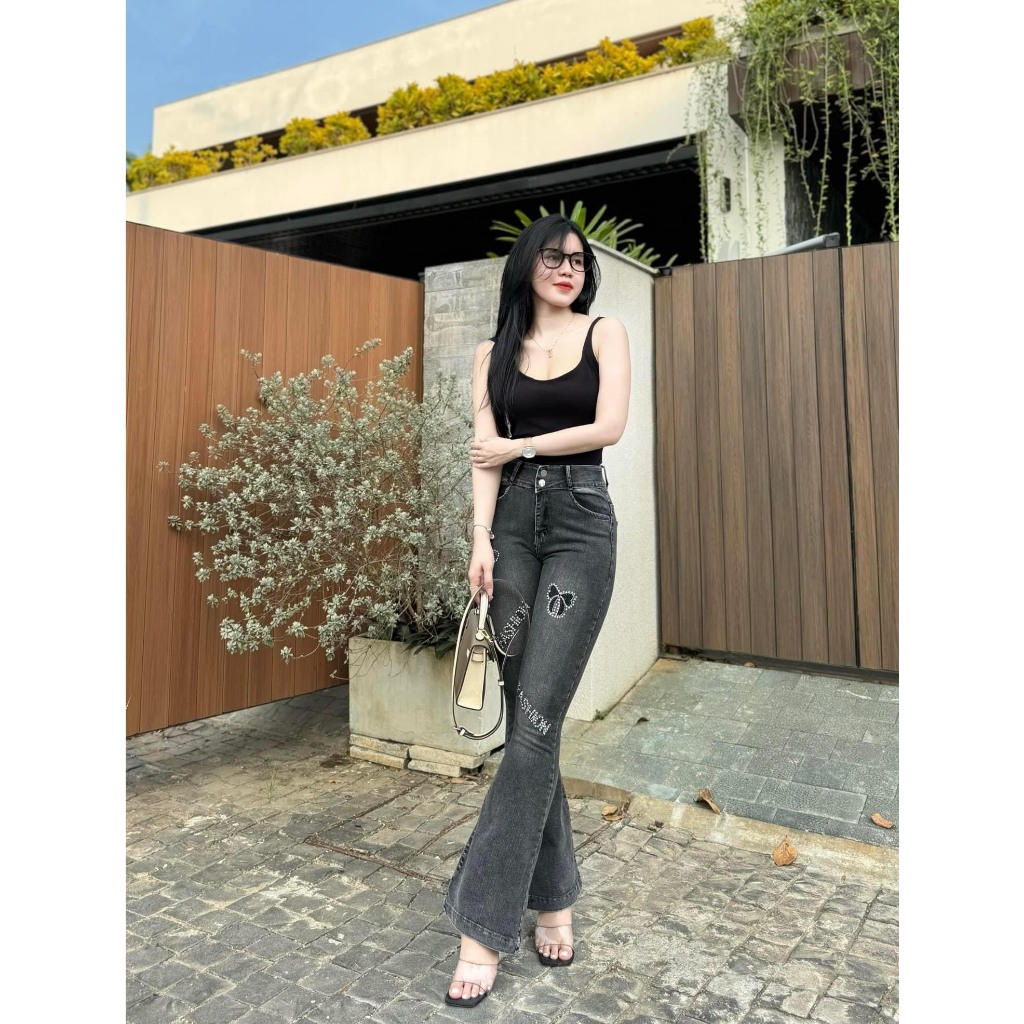 Quần Jeans Nữ Ống Loe Dài Lưng Cao Thêu Nơ Đính Đá CO Giãn 4 Chiều Thời Trang