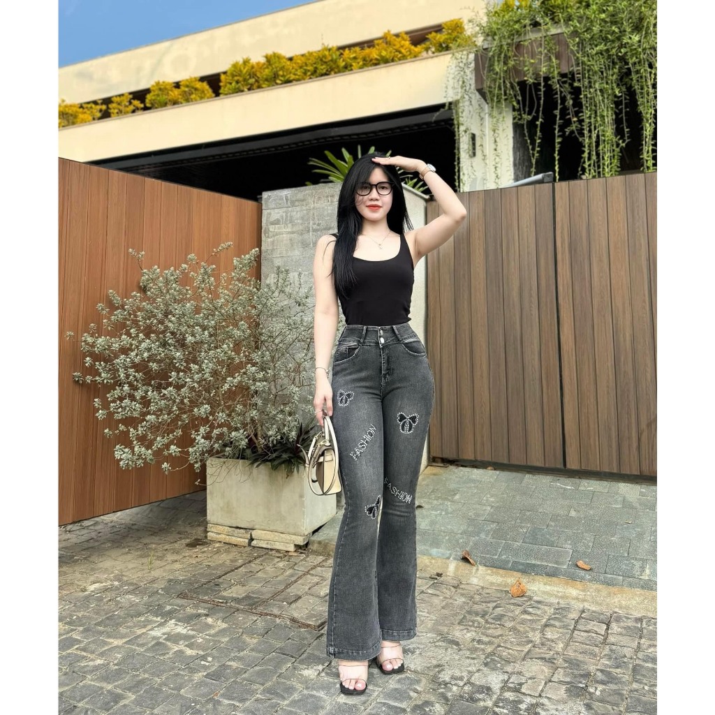 Quần Jeans Nữ Ống Loe Dài Lưng Cao Thêu Nơ Đính Đá CO Giãn 4 Chiều Thời Trang