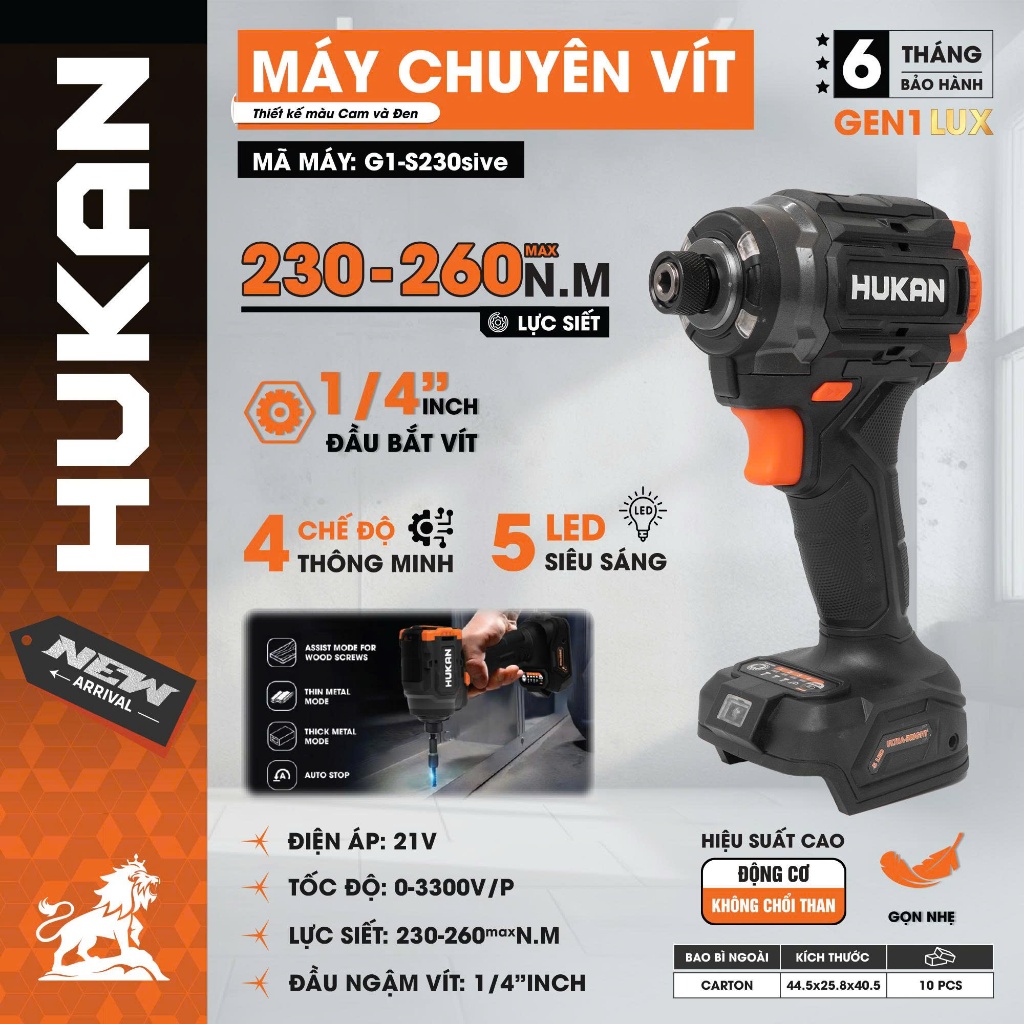 Thân máy chuyên vít búa cải tiến HUKAN G1-S230sive, Lực siết 230-260Nm MAX, 4 tốc độ, 4 chế độ