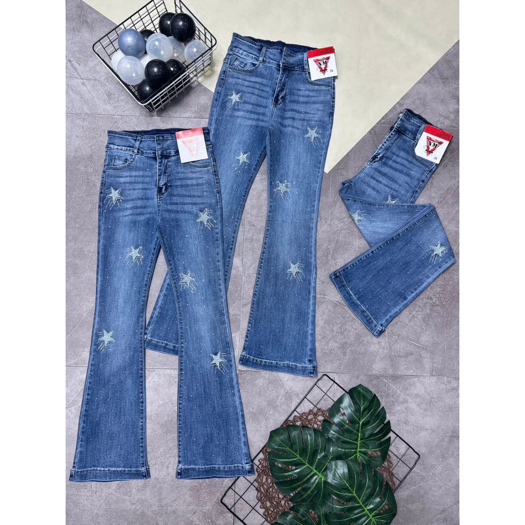 Quần Jeans Nữ Ống Loe Dài Lưng Cao Thêu Nơ Đính Đá CO Giãn 4 Chiều Thời Trang