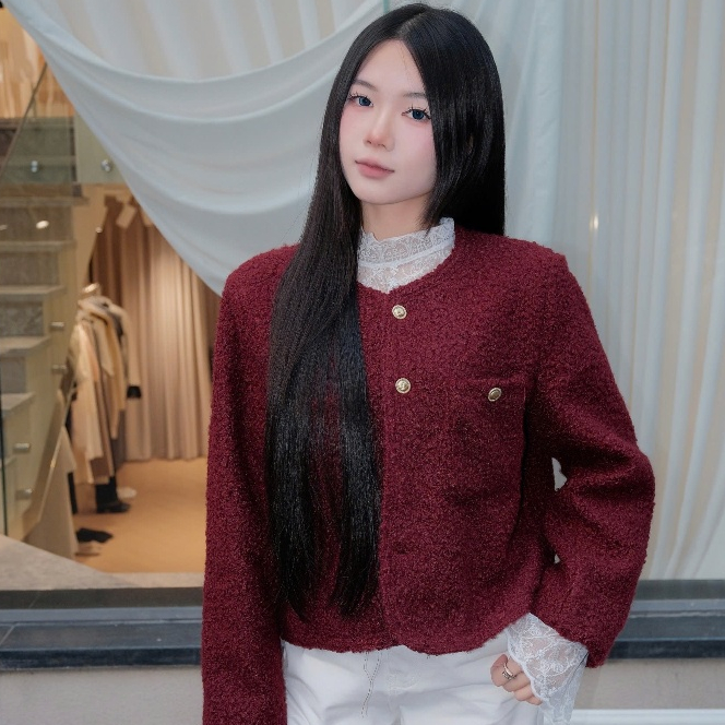 Áo Khoác Dạ Tweed Đỏ Nữ Kiểu Dáng Bông Xù Basic Chi Tiết Cúc Đồng Mùa Thu Đông Kimee - KA656