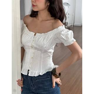 𝗔𝗺𝗼  - |LY LINEN| - Áo Linen trễ vai chun nhún xếp li