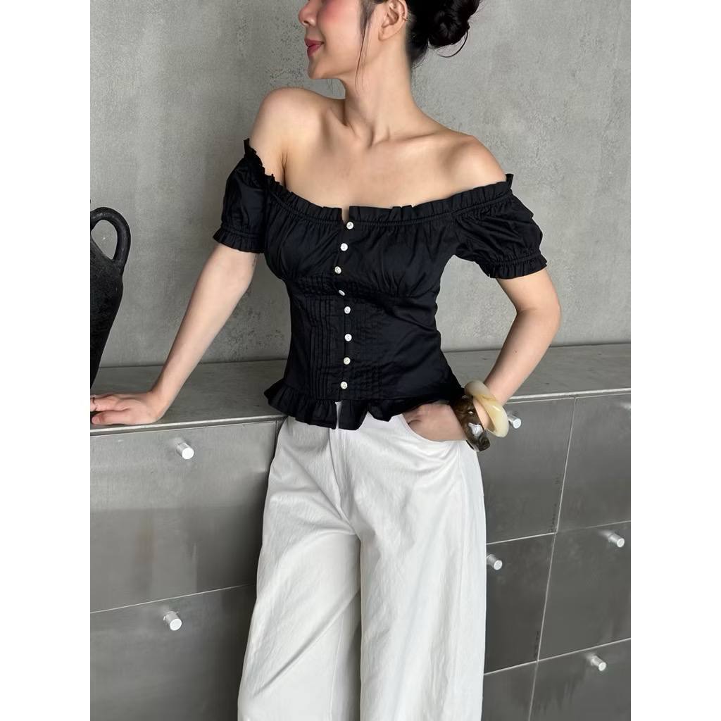 𝗔𝗺𝗼  - Áo Linen trễ vai chun nhún xếp li