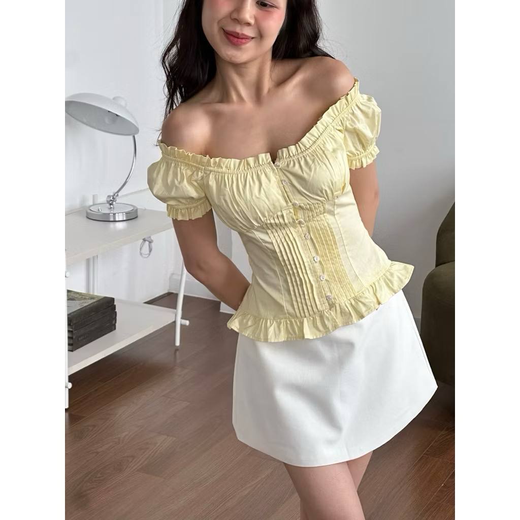 𝗔𝗺𝗼  - Áo Linen trễ vai chun nhún xếp li