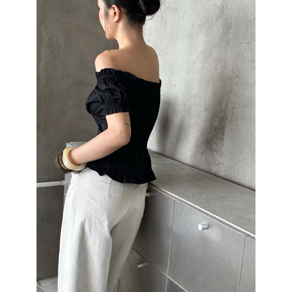 𝗔𝗺𝗼  - Áo Linen trễ vai chun nhún xếp li