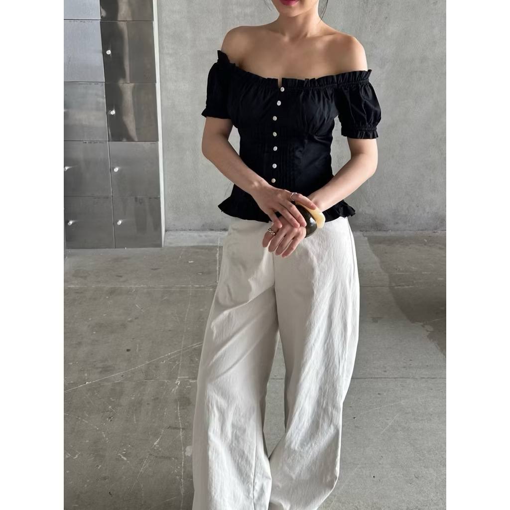𝗔𝗺𝗼  - Áo Linen trễ vai chun nhún xếp li