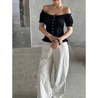 𝗔𝗺𝗼  - |LY LINEN| - Áo Linen trễ vai chun nhún xếp li