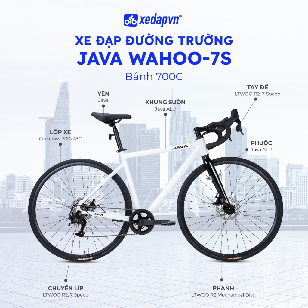 Xe Đạp Đường Trường ROAD JAVA WAHOO-7S – Bánh 700C, Phanh Đĩa, 7 Tốc Độ – Phù Hợp Người Cao 1m60–1m75 | xedapvn
