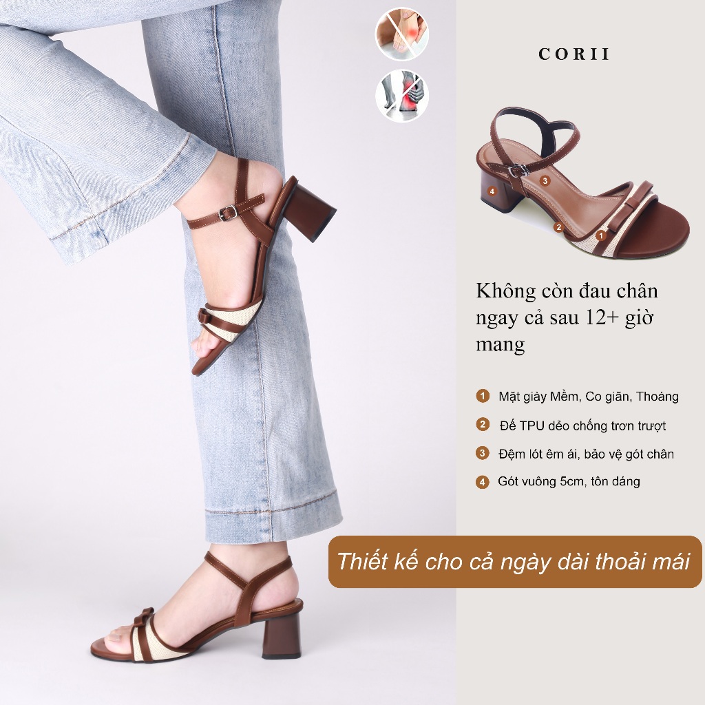 CORII - Giày Sandal Cao Gót Quai Ngang Mũi Tròn Thời Trang và Thoải Mái Nhất - CR6SHB3 Nâu Phối Kem