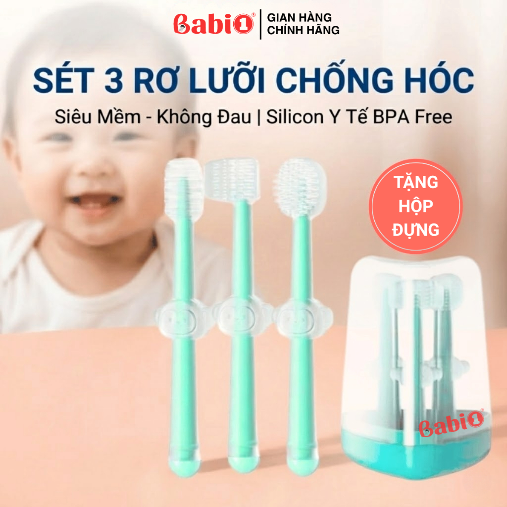 Sét 3 Rơ Lưỡi Bàn Chải Silicone Babi1 (Kèm Hộp) Dụng Cụ Vệ Sinh Răng Miệng Cho Bé Sơ Sinh Đến 2 Tuổi