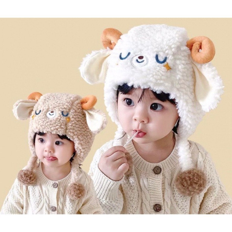 Mũ Cừu Bò Mũ Dày Lông Cừu Ấm Áp Bịt Tai Mũ Cho Bé Trai Bé Gái Ngoài Trời Chống Gió Sang Trọng Lông Tơ Mũ 0-3 tuổi