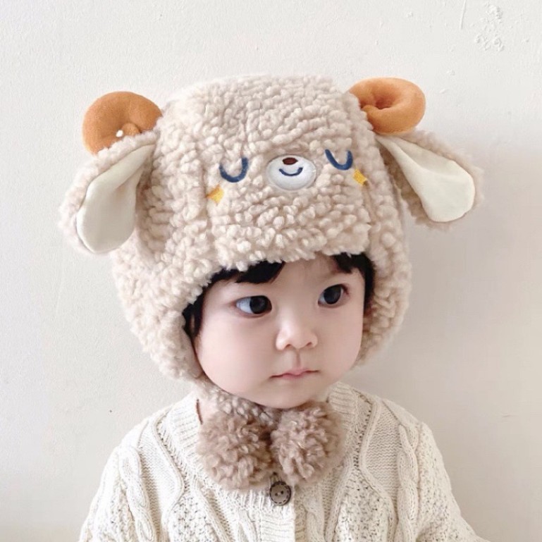 Mũ Cừu Bò Mũ Dày Lông Cừu Ấm Áp Bịt Tai Mũ Cho Bé Trai Bé Gái Ngoài Trời Chống Gió Sang Trọng Lông Tơ Mũ 0-3 tuổi