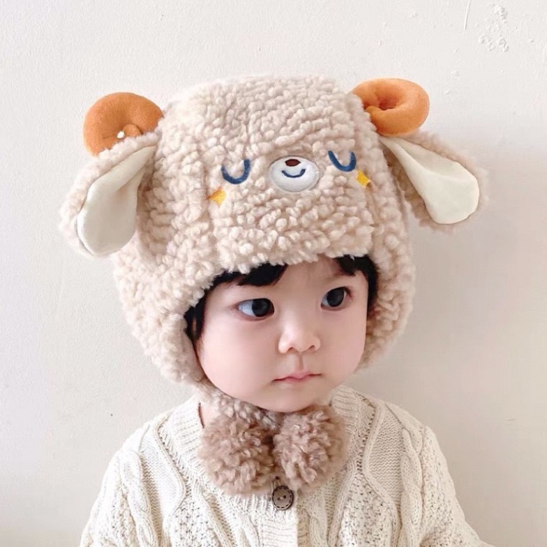 Mũ Cừu Bò Mũ Dày Lông Cừu Ấm Áp Bịt Tai Mũ Cho Bé Trai Bé Gái Ngoài Trời Chống Gió Sang Trọng Lông Tơ Mũ 0-3 tuổi
