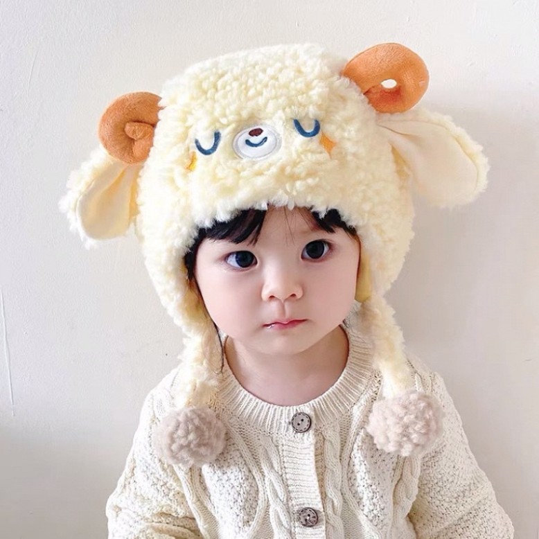 Mũ Cừu Bò Mũ Dày Lông Cừu Ấm Áp Bịt Tai Mũ Cho Bé Trai Bé Gái Ngoài Trời Chống Gió Sang Trọng Lông Tơ Mũ 0-3 tuổi