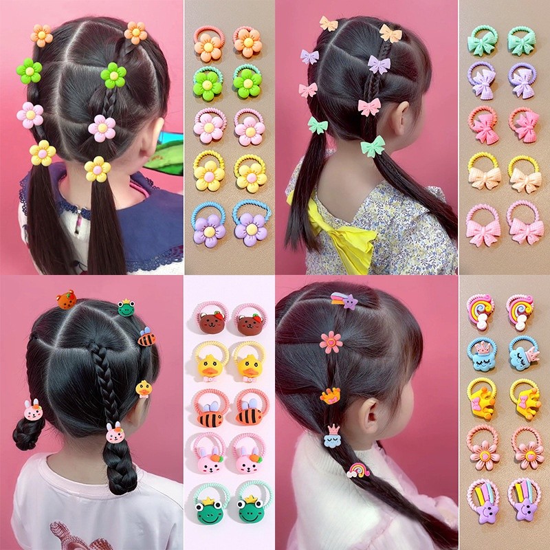 Set 50-100 Dây Thun Cột Tóc Nhiều Màu Họa Tiết Hoa, Hình Thú Hoạt Hình Dễ Thương Cho Bé Gái