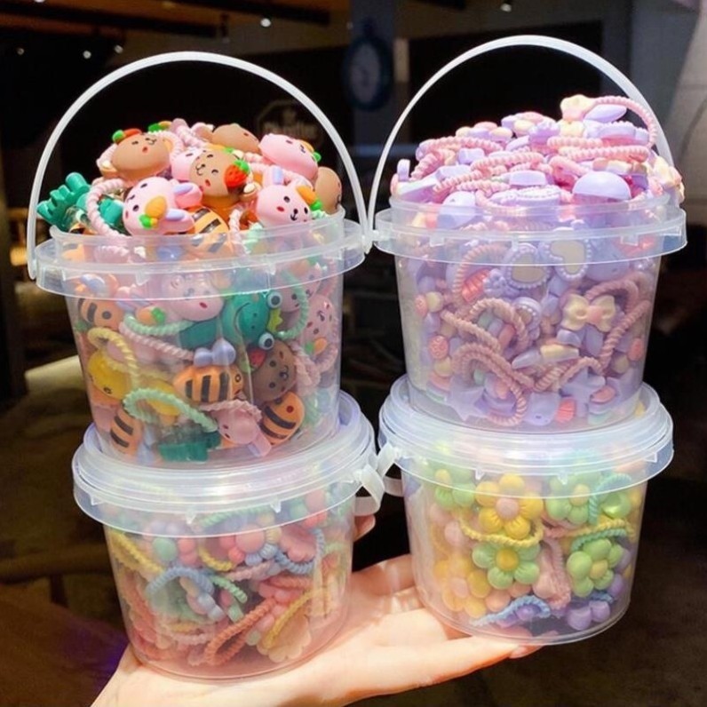 Set 50-100 Dây Thun Cột Tóc Nhiều Màu Họa Tiết Hoa, Hình Thú Hoạt Hình Dễ Thương Cho Bé Gái