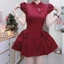 Đầm váy ngắn, đầm Kaki cổ tàu tay phồng dáng xòe1, váy đi tiệc đính nơ tay phồng kèm quần trong