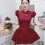 Đầm váy ngắn, đầm Kaki cổ tàu tay phồng dáng xòe1, váy đi tiệc đính nơ tay phồng kèm quần trong