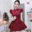 Đầm váy ngắn, đầm Kaki cổ tàu tay phồng dáng xòe1, váy đi tiệc đính nơ tay phồng kèm quần trong
